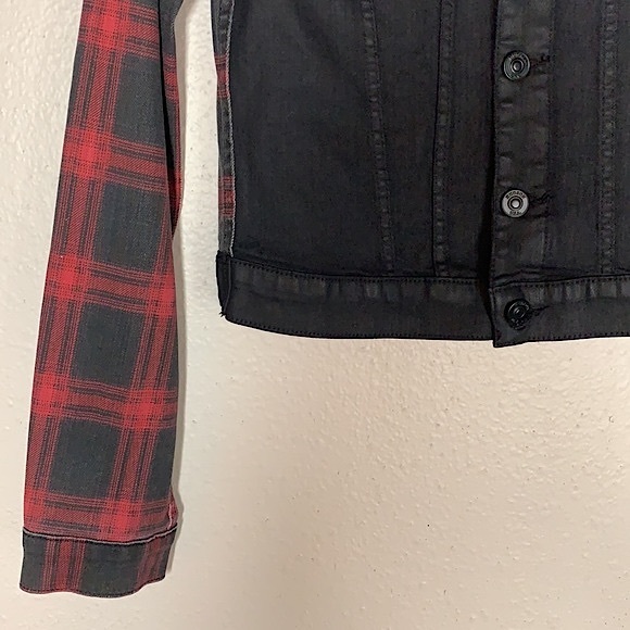 Rare HUDSON jean’s black & red buffalo check denim Jean Jacket Sz S Stretch - Picture 5 of 13